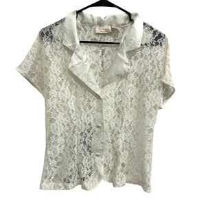 Vintage Victorias Secret White Lace Button-Down Blouse Satin Collar Trim Size M